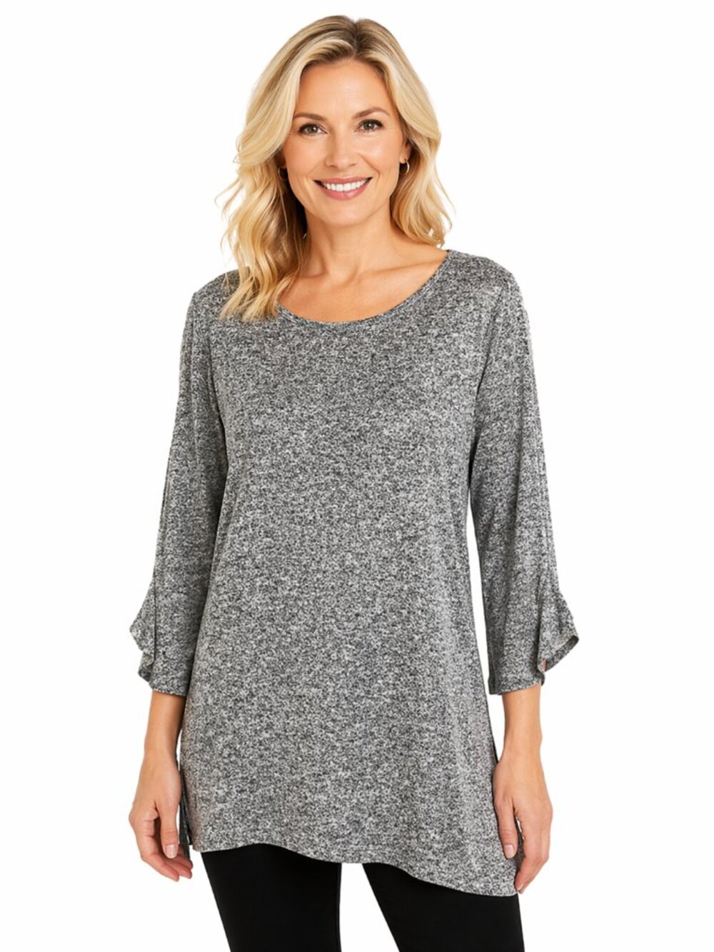 Clara Sun Woo Sweater Women's 1X Tunic Ruffle Sleeves V-Neck Gray